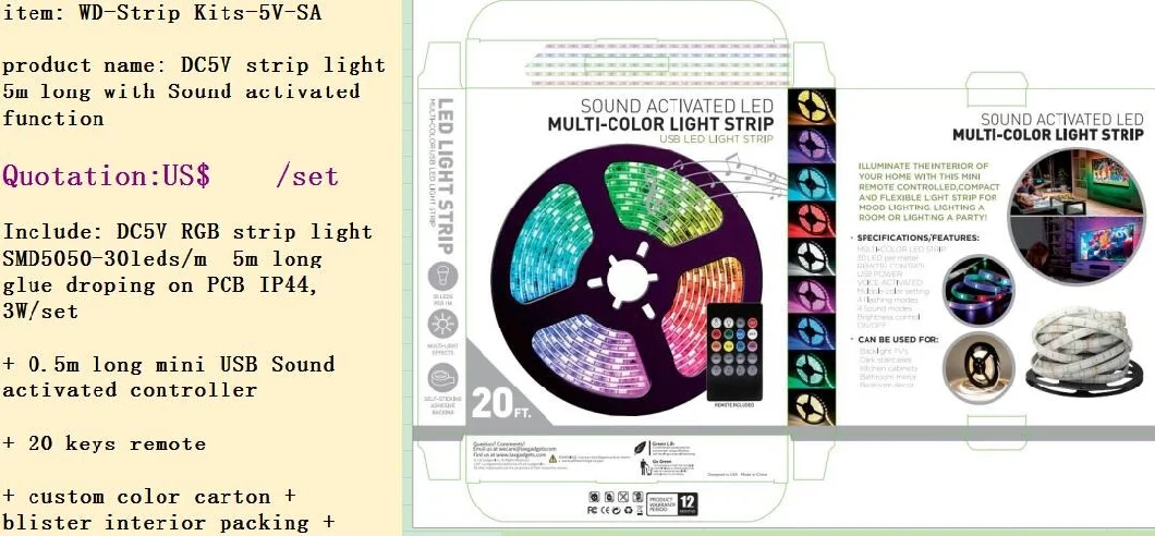 DC5V Strip Light with Sound Activated Function 5050 RGB LED Lights for Bedroom Changing Lights Blister 5m Kits LED Strip Light